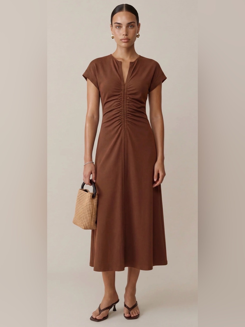 Few Moda  o.p.t. NWT Roxy Ponte Knit Ruched Midi Dress in Coffee Brown